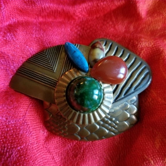 Vintage assemblage brooch dark gold tone green tan rust orange pin - Picture 1 of 11
